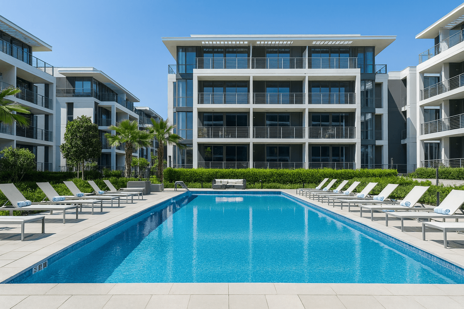 Outdoor swimming pool with lounge chairs